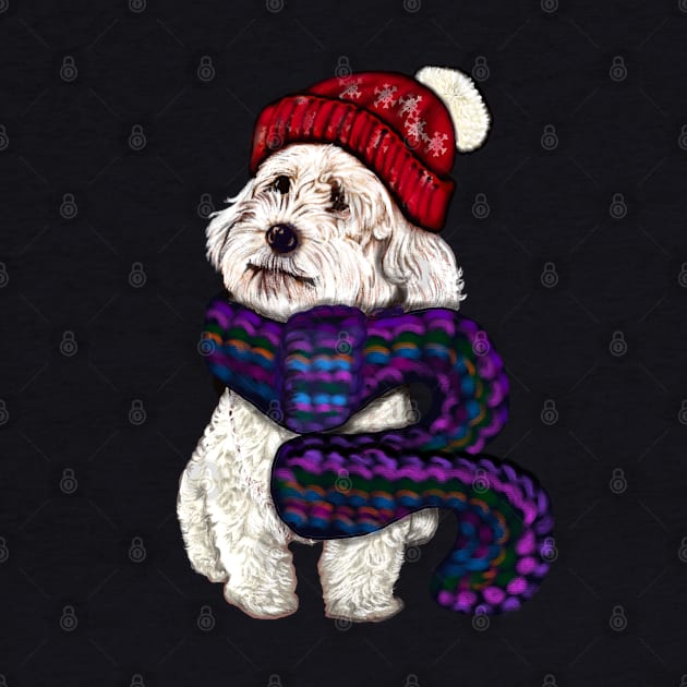 cavalier king charles spaniel in a knitted scarf,  white Cavapoo Cavoodle snug in a knitted scarf and beanie by Artonmytee